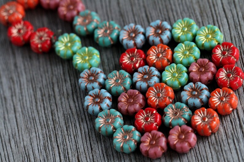 60 Bright Multicoloured Hibiscus Flower Bead MIX2 9mm Czech Glass Beads for Jewellery Making New Copper Washed Glass Flower Mix2 image 1