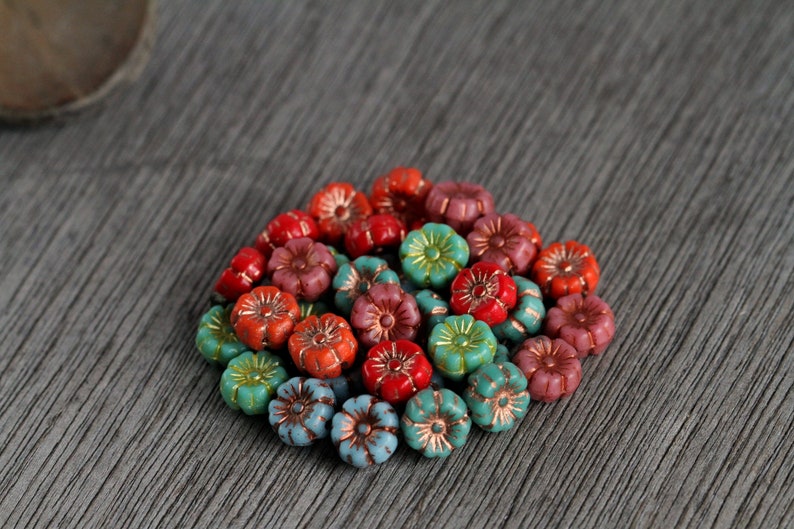 60 Bright Multicoloured Hibiscus Flower Bead MIX2 9mm Czech Glass Beads for Jewellery Making New Copper Washed Glass Flower Mix2 image 7