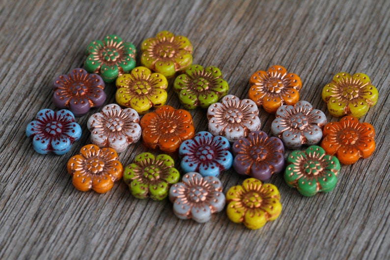 44pcs Colourful Opaque Glass MIX ANEMONE FLOWER Beads 14mm Czech Glass Beads Flat Flower Beads Perles Perlen Perline image 4