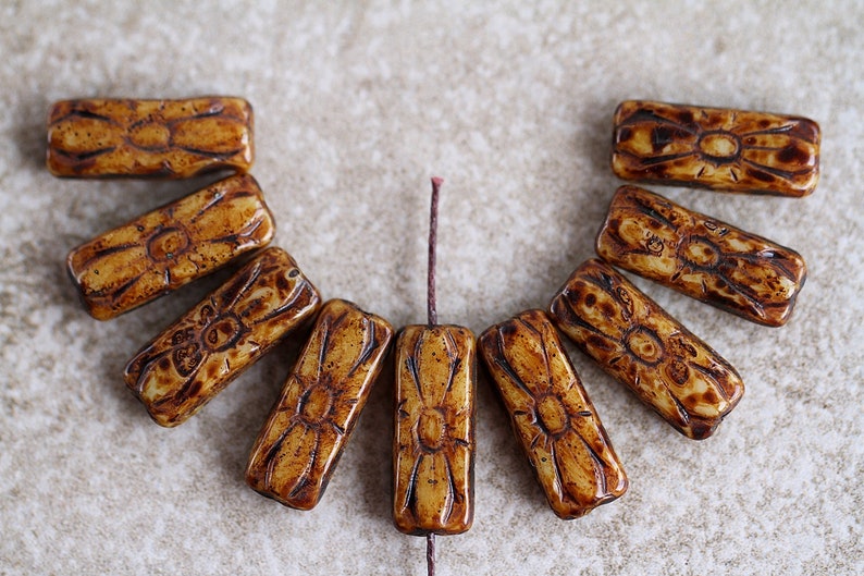 15 Earthy Brown Picasso Beige FLOWER EMBOSSED Beads 20x8mm Czech Glass Beads Jewelry Making Rustic Rectangular Large Beads Perles Perlen image 7