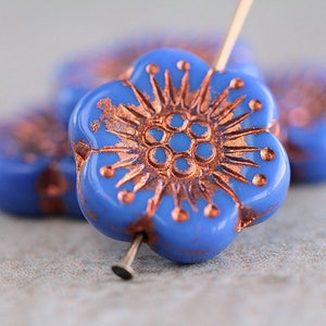10 Cornflower Blue Copper Inlays ANEMONE FLOWER Beads 18mm Czech Glass Beads For Jewelry Making Large Flower Beads Perles Perline Perlen image 1