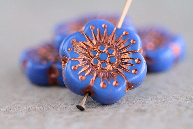 10 Cornflower Blue Copper Inlays ANEMONE FLOWER Beads 18mm Czech Glass Beads For Jewelry Making Large Flower Beads Perles Perline Perlen image 1