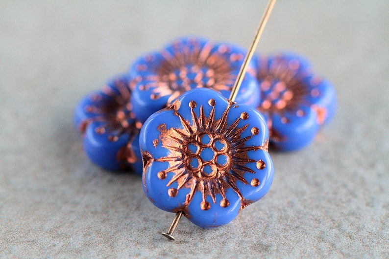 10 Cornflower Blue Copper Inlays ANEMONE FLOWER Beads 18mm Czech Glass Beads For Jewelry Making Large Flower Beads Perles Perline Perlen image 2