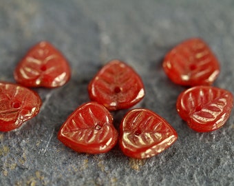 100 Gold Lustred Red  Heart Shaped Leaf Beads 9mm  Glass Beads for Jewelry Making  Glass Leaf Beads