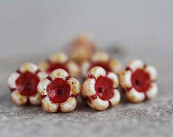 50 Picasso Red Inlaid White BELL FLOWER Beads 6x8mm Czech Glass Beads For Jewelry Making Glass Flower Beads Perles Perlen Perline  チェコガラスビーズ