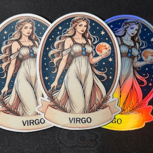 Pegatina del signo zodiacal Virgo en brillo/holográfica: tamaños de 2,5" y 3,5"