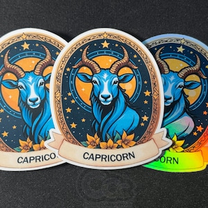 Pegatina del signo zodiacal Capricornio en acabado mate, brillante y holográfico. Tamaños: 2,5" y 3,5"