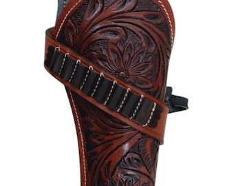 Fondina per revolver in pelle lavorata a mano: stile western cowboy con motivo floreale marrone