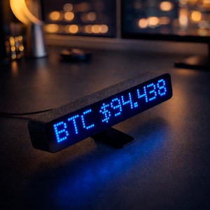 May include: A rectangular, dark gray digital display shows "BTC $94,438" in bright blue LED lights. The display is on a black stand, and the background is blurred, suggesting a desk setting.