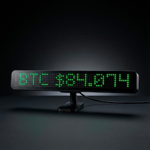 May include: A black digital display shows "BTC £84,874" in bright green LED lights. The display is mounted on a small black stand and has a dark background. The display is likely used to show cryptocurrency prices.