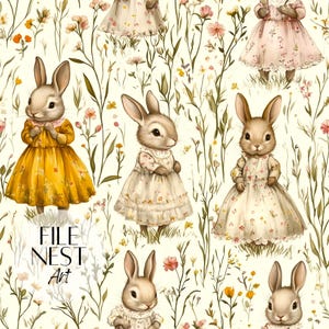 Op de afbeelding: Een herhalend patroon met schattige konijntjes in vintage jurken te midden van wilde bloemen. De konijntjes dragen jurken in tinten geel, roze en crème, met bloemmotieven. De achtergrond is zacht crèmekleurig met delicate bloemen- en plantillustraties. De tekst "FILE NEST Art" is zichtbaar.