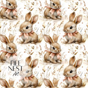 May include: A seamless pattern featuring cute brown bunnies with pink bows, surrounded by delicate brown and white wildflowers on a white background.