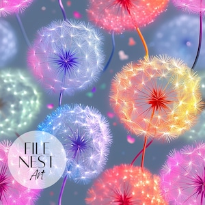 May include: A colorful abstract pattern of dandelion seeds with a blue background. The dandelion seeds are in various shades of pink, orange, yellow, and white.