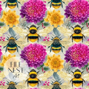 Seamless Flowers and BumbleBees Digital Pattern, Funky Digital Paper, Preppy Background, Summer Bees Sublimation Print