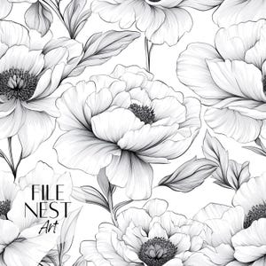 Black and White Line Art Peony Blossom Line Art Seamless Background Pattern, Monochrome Flowers Line Art Peony Pattern Digital Paper