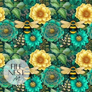 Seamless Flowers and BumbleBees Digital Pattern, Funky Digital Paper, Preppy Background, Summer Bees Sublimation Print