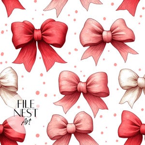 Valentine Coquette Bows Seamless file, Coquette Bow Seamless, Coquette Valentine&#39;s Day Seamless, Pink Red Bows with Hearts Print Sublimation