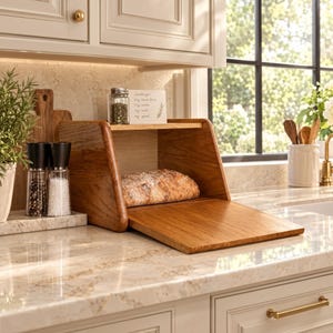May include: A wooden bread box with a hinged front door sits on a marble countertop. Inside, a loaf of bread rests on the base. A small glass jar with a metal lid and a white card with handwritten text are placed on the top shelf of the box.