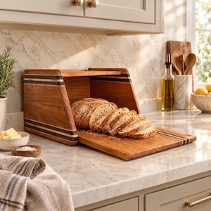 May include: A wooden bread box with a sliding front panel featuring dark and light wood grain stripes. Inside, a sliced loaf of crusty artisan bread rests on the extended base. The box is crafted from natural wood with a smooth finish.