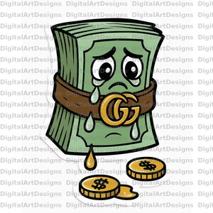 May include: A cartoon illustration of a stack of money with a sad face and tears. The money is wearing a brown belt with a gold buckle that says "GG". There are three gold coins with dollar signs on them.