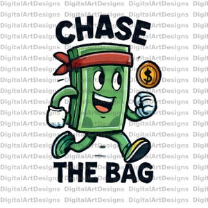 Chase the Bag Money Cartoon Art Print – Hustle Wall Decor, Entrepreneur Motivation Poster, Digital Download for Home Office 300 DPI .PNG