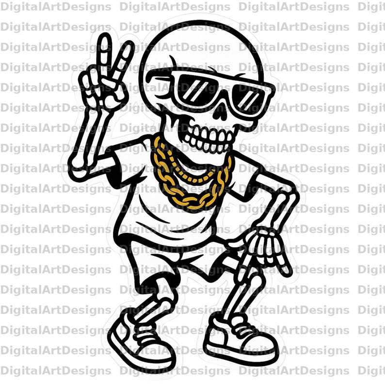 Hip Hop Skeleton .PNG Decal Cool Cartoon Skull With Sunglasses & Chains ...