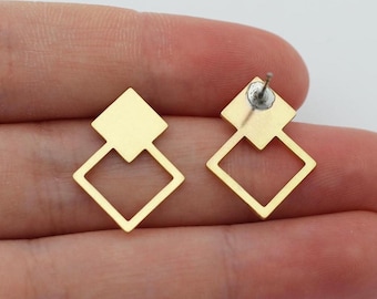 6 pendientes de latón crudo con doble cuadrado, pendientes geométricos de botón, pendientes de latón cortados a láser al por mayor, accesorios para pendientes SB-1212