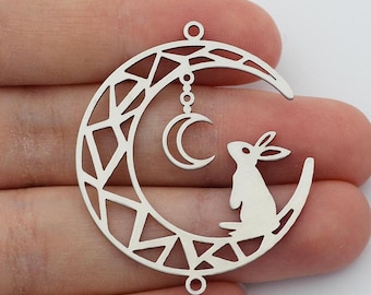 Dije de luna de acero inoxidable con conejo, conector de luna de acero cortado con láser con conejo, dije cortado con láser, accesorios de joyería de acero SC-1019