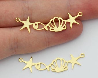 24K Gold Plated Seashell Charms, Nautical Starfish Oyster Seashells Fish Beach Ocean Charms, Wholesale DIY Jewelry Making Supply SG-1097