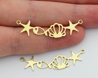 Brass Seashell Starfish Charm, Tiny Nautical Starfish Seashells Fish Beach Ocean Charms, Wholesale DIY Jewelry Making Supply SB-1097