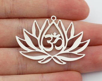 Shiny Silver Lotus Charm Flower Charm, Om Mantra Buddhism Hinduism Charms, Namaste Meditation Yoga Charms, Rhodium Plated Charms SR-1057