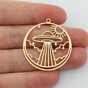 Raw Brass UFO Spaceship Charm, Flying Saucer Charm, Outer Space Charm, Alien Charm, DIY Laser Cut Jewelry Making Supplies SB-1161