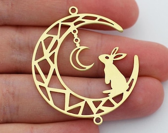 Dije de luna de latón crudo con conejo, conector de luna de latón cortado con láser con conejo, dije cortado con láser, accesorios de joyería de latón SB-1019