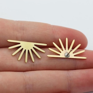 Peut inclure: Une paire de boucles d'oreilles dorées en forme de soleil stylisé. Les boucles d'oreilles sont présentées sur une main, avec l'arrière des boucles d'oreilles visible.