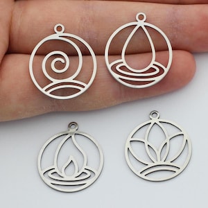 May include: Four silver metal charms with different designs. The charms are round and feature a spiral, a water drop, a lotus flower, and a flame.