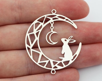 Dije de conejo, colgante de conejo de plata, dije de luna con conejo, conector de luna con conejo, accesorios para dijes de joyería con baño de rodio SR-1019