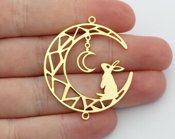 Colgante de conejo dorado, dije de luna con conejo, conector de luna con conejo, dijes de joyería chapados en oro, accesorios de joyería de latón SG-1019