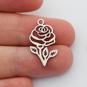 Stainless Steel Flower Charms, Laser Cut Rose Flower Pendant, Steel Open Back Bezels for Jewelry Making, DIY Jewelry Supplies SC-1066