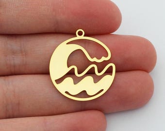 24K Shiny Gold Plated Sea Wave Charm, Ocean Themed Beach Wave Necklace Pendant, Laser Cut Charms, Gold Filled Craft Supplies SG-1080