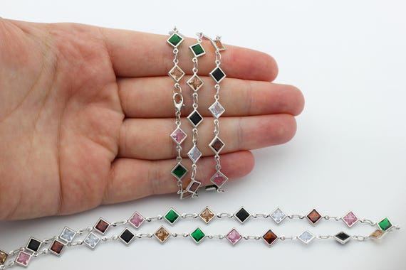 Silver Gemstone Necklace, Multicolor CZ Chain Necklace, Colorful