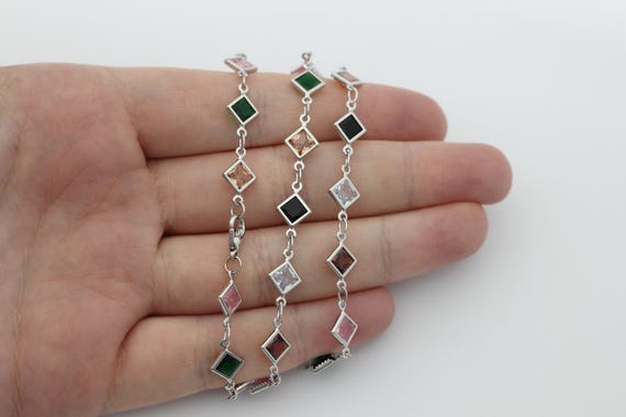Silver Gemstone Necklace, Multicolor CZ Chain Necklace, Colorful
