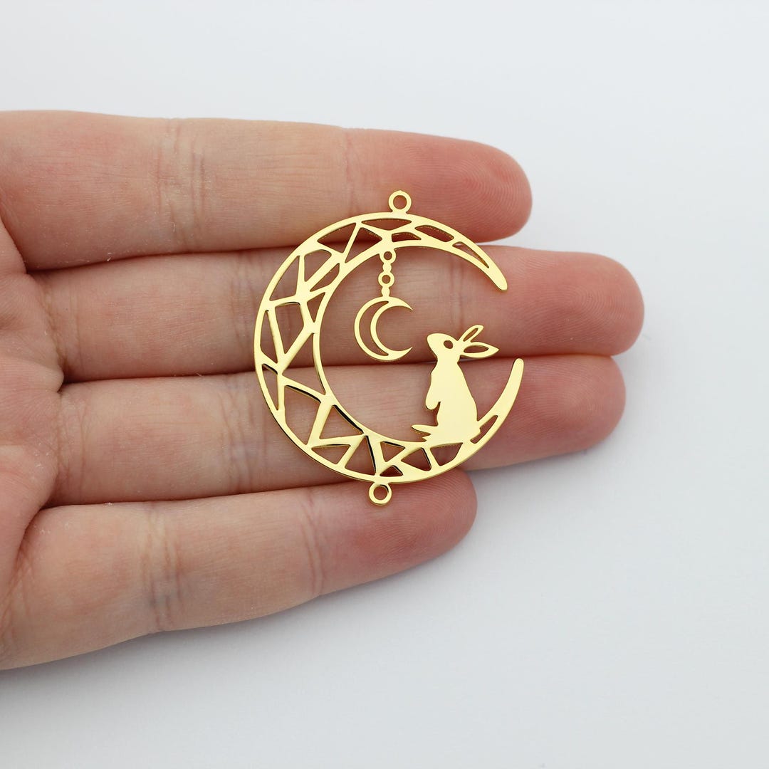 Gold Rabbit Pendant, Moon With Rabbit Charm, Moon With Rabbit Connector ...