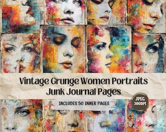 Puede incluir: Una colección de retratos vintage grunge de mujeres, con arte abstracto colorido. Las imágenes se muestran en páginas, con el texto "Vintage Grunge Women Portraits Junk Journal Pages" e "Includes 50 Inner Pages".