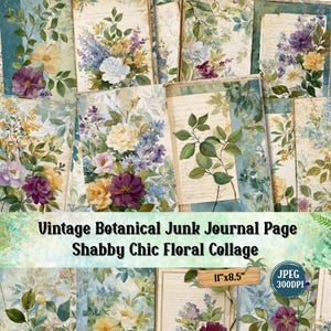 Vintage Botanical Junk Journal Page – Shabby Chic Floral Collage, Pastel Blooms & Handwriting, Printable Ephemera for Scrapbooking and Craft