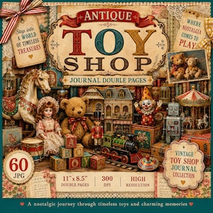 May include: A digital collection of 60 JPG journal double pages titled Antique Toy Shop, featuring vintage toys like a rocking horse, teddy bears, a doll, a nutcracker, a train, and a carousel. The text includes 11" x 8.5" and 300 DPI.