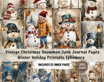 Vintage Christmas Snowman Junk Journal Pages: Shabby Chic Ephemera (Digital Download)
