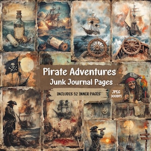 Piratenavonturen: ongewenste dagboekpagina's | Vintage piratenschat, kit met zeilthema | Kortstondig collageblad scrapbooking | 52 JPEG-bestanden.