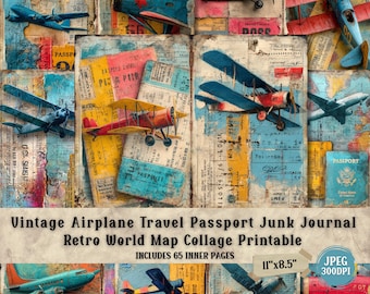 Puede incluir: Un collage con aviones antiguos, documentos de viaje y un diseño de mapa del mundo. La obra de arte incluye varios biplanos y monoplanos en tonos de azul, rojo y amarillo. El texto dice "Vintage Airplane Travel Passport Junk Journal" e "Includes 65 Inner Pages". La imagen mide 27,94 cm x 21,59 cm.