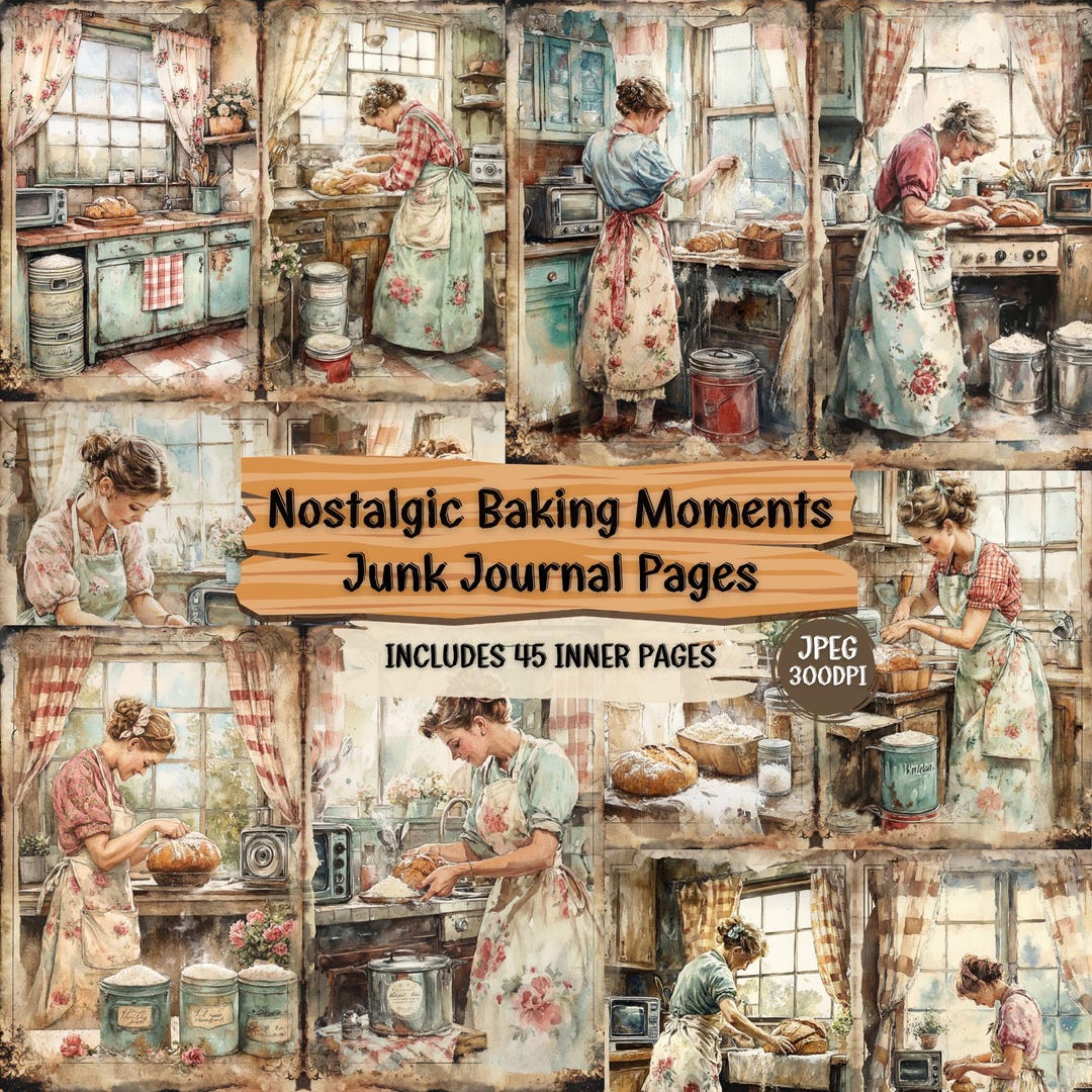 Vintage Kitchen Junk Journal Pages: Pastel Baking Scenes (45 JPEG Files ...