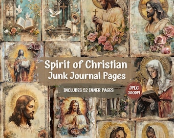 May include: A collage of 52 digital printable pages featuring religious imagery, including images of Jesus, Mary, and angels. The pages are designed for use in junk journals and feature a vintage aesthetic.